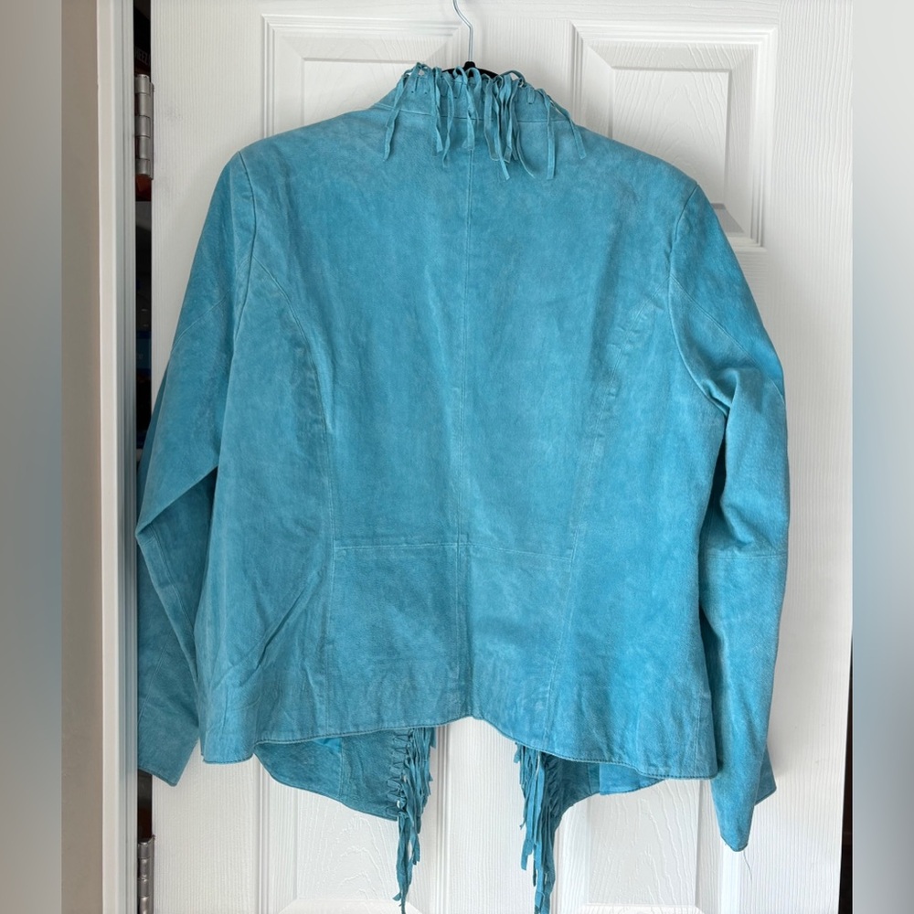 Dialogue Leather Jacket - Woman’s Turquoise, Fringed Leather Jacket. Size Large - Picture 3 of 7